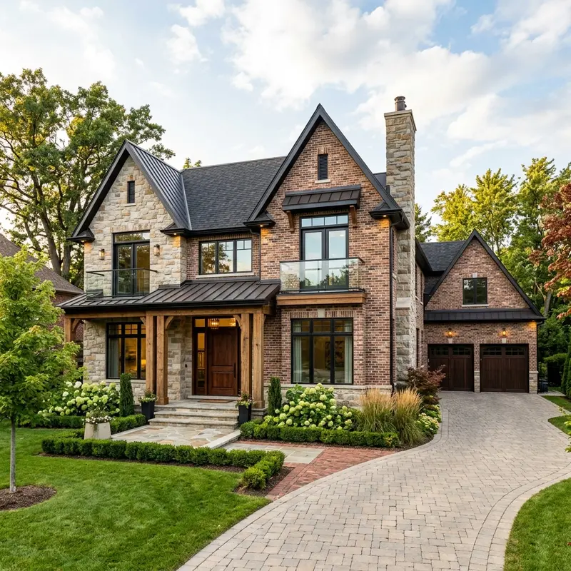 Custom-built brick and stone home exterior with covered entry