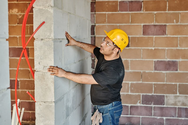 AMS in-house mason laying a running-bond brick course