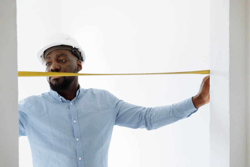 Contractor measuring a wall to calculate veneer panel coverage