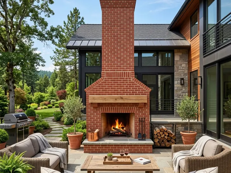 Custom new residential brick chimney and outdoor fireplace