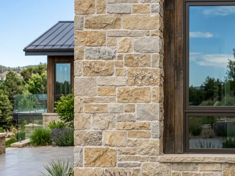 Premium natural stone and limestone facade installation for high-end residential exterior