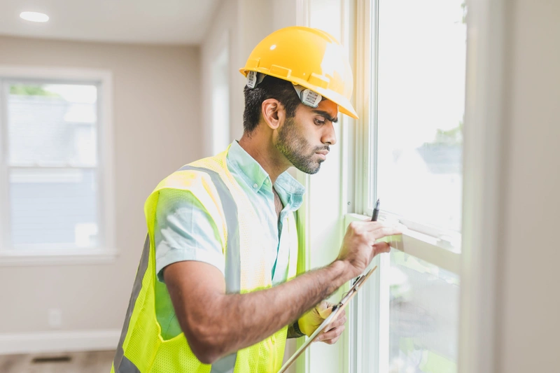 Site supervisor inspecting a new-construction window against the project schedule