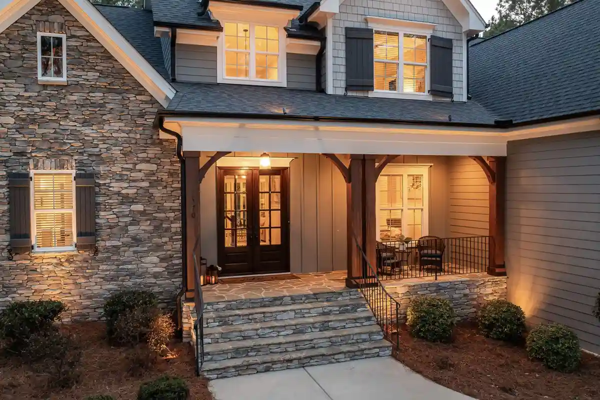 Limestone detailing on a lakefront Glencoe home