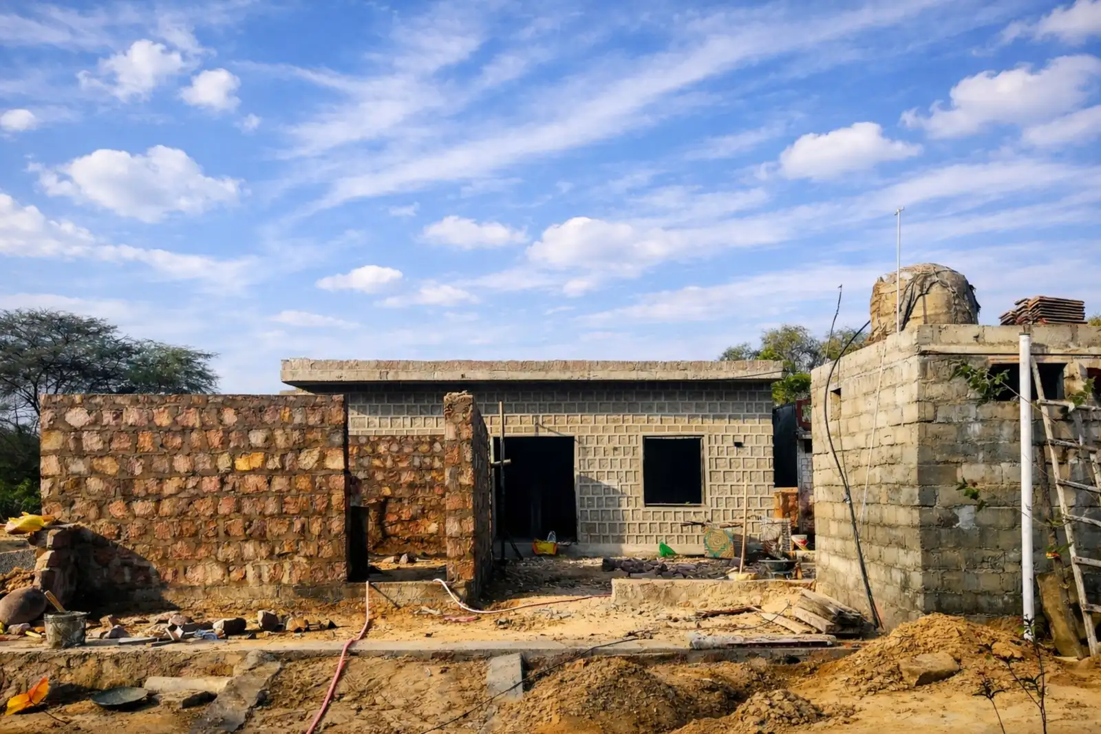 After: Foundation section — CMU foundation wall built to code with full grouting and drainage